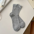 Grey cotton crew socks with white lace trim and bow accent for a chic aesthetic - One Size / Grey Lace Trim