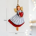 Retro iron Christmas angel pendant in blue striped dress with red heart and gold wings - White Angel Pendant