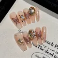 Uñas postizas artesanales marrones con diseño de mariposa y cristales brillantes - 2129-Ataúd Extra Largo / Extra Pequeño (XS)