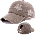 Vintage light khaki baseball cap with sequined stars and ponytail hole design - Star Ponytail Baseball Cap / Khaki