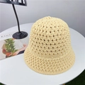 Detail of hollow knit crochet pattern on beige sun hat showing breathable mesh texture - M (56-58cm) Adjustable / Beige