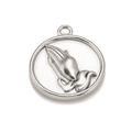 Silver round stainless steel charm with embossed praying hands for DIY jewelry - Silver