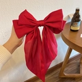 French vintage red oversized satin bow hair clip with long ribbons for women - Ribbon Bow Spring Clip / Red