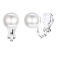 Detail view of silver alloy clip-on earrings with large pearls and comfortable silicone pads - Silver Pearl