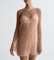 Abito corto in rete con paillettes oro rosa a maniche lunghe e sottoveste inclusa - Taglia S / Set / Albicocca