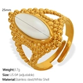 Vintage gold stainless steel adjustable ring with a large oval white shell inlay - JZ57 Beaded Texture White Shell (JZ57)
