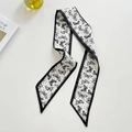 Narrow white silk twilly scarf featuring black butterfly prints and elegant polka dots - Black Butterfly