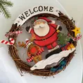 Ghirlanda di Natale vintage con Babbo Natale e renna in legno su vimini rustico - Ghirlanda di Benvenuto Babbo Natale