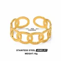 Adjustable 18k gold plated stainless steel bangle with geometric link design, 6cm diameter - Gold Chain Ring