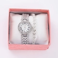Silver iced-out watch and heart bracelet set with Roman numerals in a pink gift box - Style 39 + Bracelet + Box
