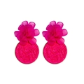 Handmade raffia flower earrings in bright rose red finish with golden metal edges - Pink Flower Round Base Earrings