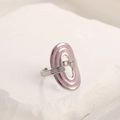 Silver stainless steel open ring with pink oval layered enamel design on white stone - Adjustable Open / Steel Color Oval Pink