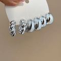 Close-up of silver chunky C-shaped hoop earrings set with twisted and ribbed textures - 29# Steel Pin (6-Piece Set) / Silver