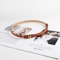Elegante cintura sottile in pelle marrone da donna con fibbia ad H dorata su rivista - Cachi