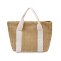Bolso de paja marrón claro con asas y base de lona blanca para vacaciones en la playa - Blanco Roto