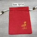 Red cotton linen drawstring jewelry bag 10x14cm with golden lotus embroidery and wooden bead - Red Linen Jewelry Pouch