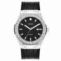 Classic silver quartz watch with diamond bezel and black leather strap for women - Silver Case Black Leather Strap
