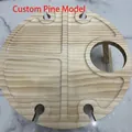 Round pine wood picnic wine table with four glass slots and compartments for snacks - Pine Custom (Fits Wine Bottle)