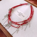 Multilayer deep red bead necklace with silver cross pendants and metal tassel chains - 24# Necklace - Red - Silver