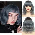 Short wavy smoky grey bob wig with bangs and natural s-curve texture for daily wear - Grey Blue Gradient