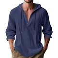 Detail of navy blue linen hoodie with henley neck, wooden buttons and drawstring - Navy Blue