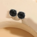 Modern square stud earrings with faceted black crystal and silver plated finish - Black (Silver)