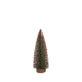 Miniature flocked green Christmas tree with red berry tips and a round wooden base - 25cm / Green