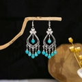 Vintage bohemian turquoise tassel earrings in silver finish for a retro ethnic look - E5399/Retro Clover Turquoise