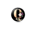Retro glass brooch with golden letter Q and colorful floral design on black background - Letter Q