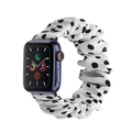Detail of white scrunchie watch band with black polka dots on a blue smartwatch - 38/40mm S Size Black Plastic Connector / White Polka Dot