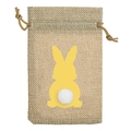 Detail of burlap Easter gift bag with yellow bunny silhouette and white pom-pom tail - 10*14 / Yellow Rabbit