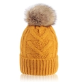Winter mustard yellow knitted beanie hat with grey faux fur pompom and cable texture - One Size / Yellow