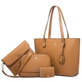 Brown 4-piece faux leather bag set including tote, crossbody, clutch and card holder - Four-Piece Set / Brown