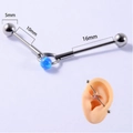Blue opal industrial barbell earring in stainless steel with detailed size measurements - OP05 Deep Blue Opal And Bars