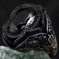 Vintage men's snake serpent ring with black oval gemstone and gold scale of justice detail - Adjustable Open / Black Gold Scale Justice