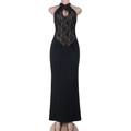 Detail of elegant black lace halter neckline and teardrop cutout on evening dress - XS / Black