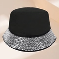 Stylish black disco bucket hat featuring sparkling silver rhinestones on the brim - Black White Rhinestone Style