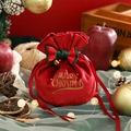 Red velvet Christmas drawstring gift bag with gold Merry Christmas print and bell bow - Burgundy - Bow Christmas Tree Logo