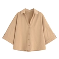 Camicia da donna cachi a maniche corte con colletto a revers e vestibilità comoda - XS / Camicia / Cachi
