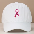 Casquette de baseball en coton blanc avec broderie ruban rose pour sensibilisation - Réglable / Blanc