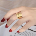 Golden stainless steel wide band ring featuring sun and starburst engraving - Adjustable Open / Sunburst Star Style (Gold 3)