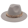 Classic grey wool fedora hat with a bold gold acrylic chain link around the crown - Light Gray
