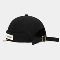 Detail of adjustable strap and metal buckle on black docker hat with white letter label - Adjustable / Ring Letter Patch Black