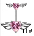 Macro detail of silver angel wing navel ring with pink heart stones on white background - Double Wings Pink Heart Zirconia