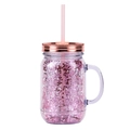 Clear double-walled plastic mason tumbler with handle, pink glitter and rose gold lid - Transparent Glitter Rose Gold