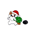 Cartoon white Christmas cat enamel pin wearing a red hat with a green gift bag - Cat with Christmas Hat and Gift Bag (CZ0394-3)