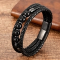 Men's multilayer bracelet with black braided leather and natural stone beads - Black Leather + Black Polished Beads