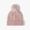 Gorro de punto trenzado rosa para mujer con forro polar y pompón de piel sintética - Talla única / Rosa