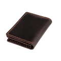 Detailed close-up of dark brown crazy horse leather wallet with orange contrast stitching - Coffee