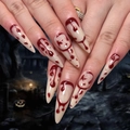 3D Stiletto Halloween fake nails with glossy red blood drips and ghost face designs - Glue Style(JP3422)